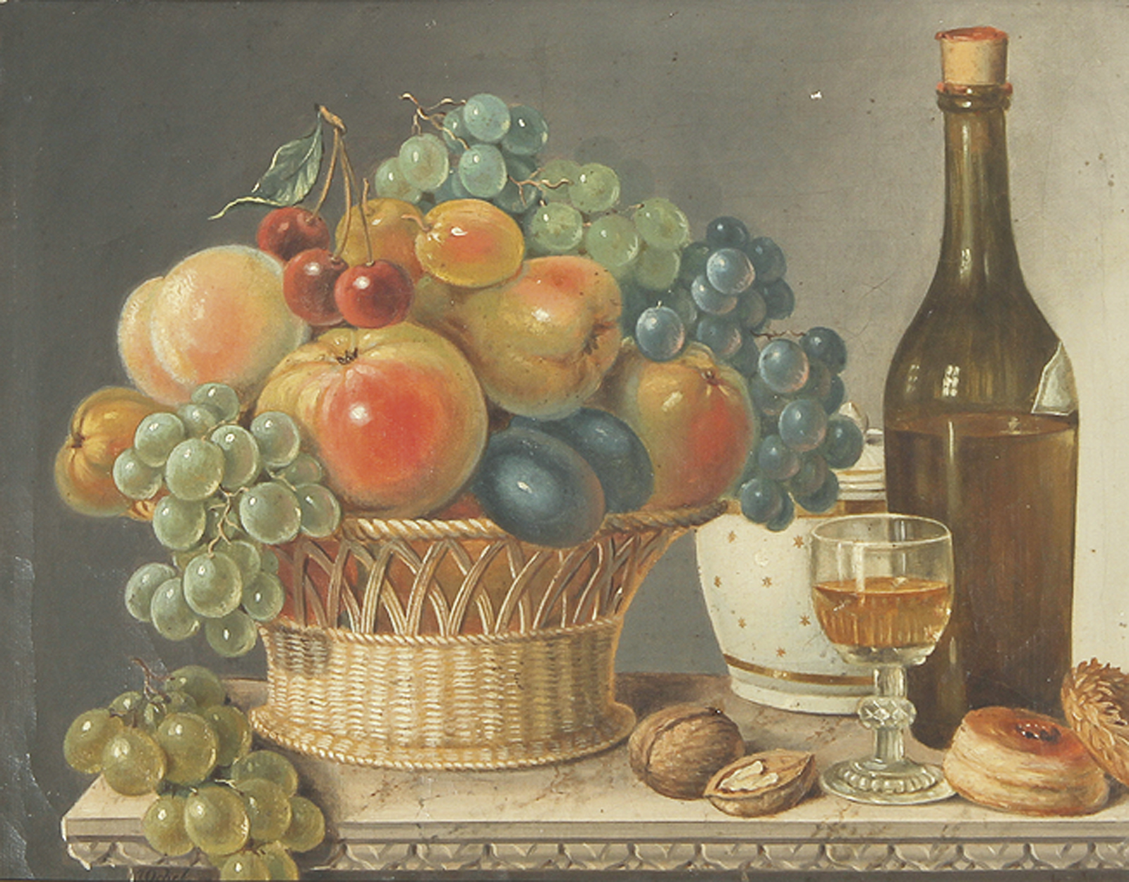 Johann Samuel Ockel, Stilleben mit Früchtekorb und Weinflasche