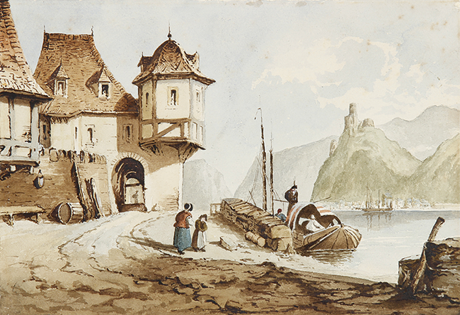 Rheinlandschaft mit Bootsanlegestelle und Burg.