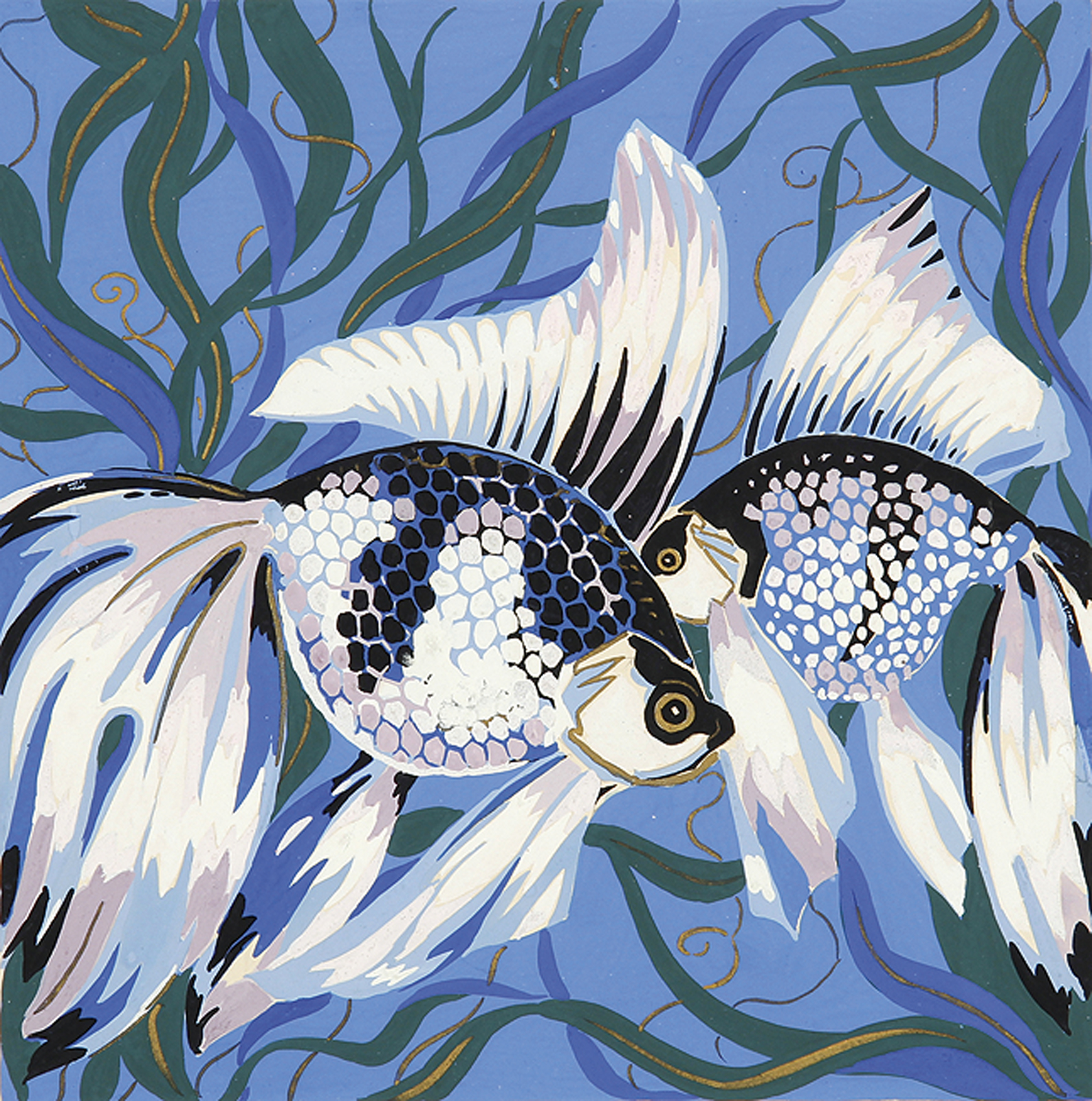 Blau-weißes Schleierschwanzpaar in einem Gewässer.