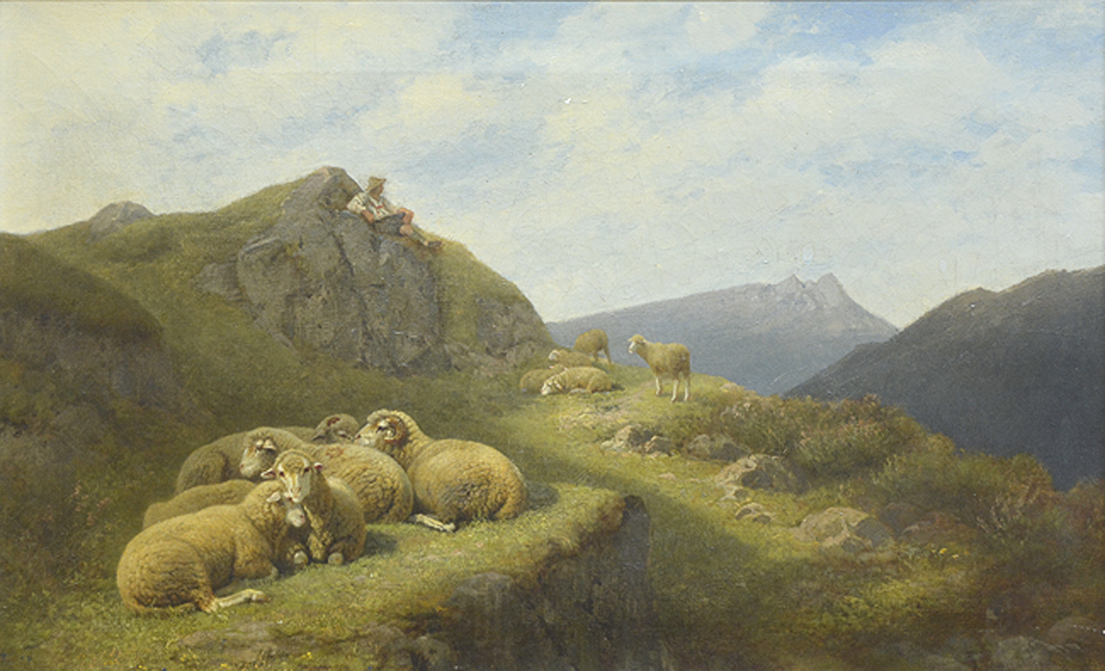 Schäfer mit ruhender Herde im Gebirge.