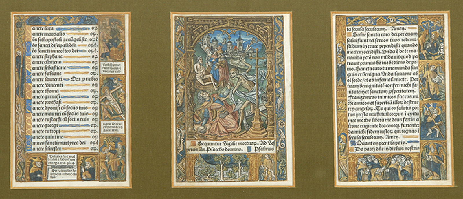 Biblische Szene sowie zwei Textblätter aus gedruckten Stundenbüchern mit floraler und figürlicher Bordüre.