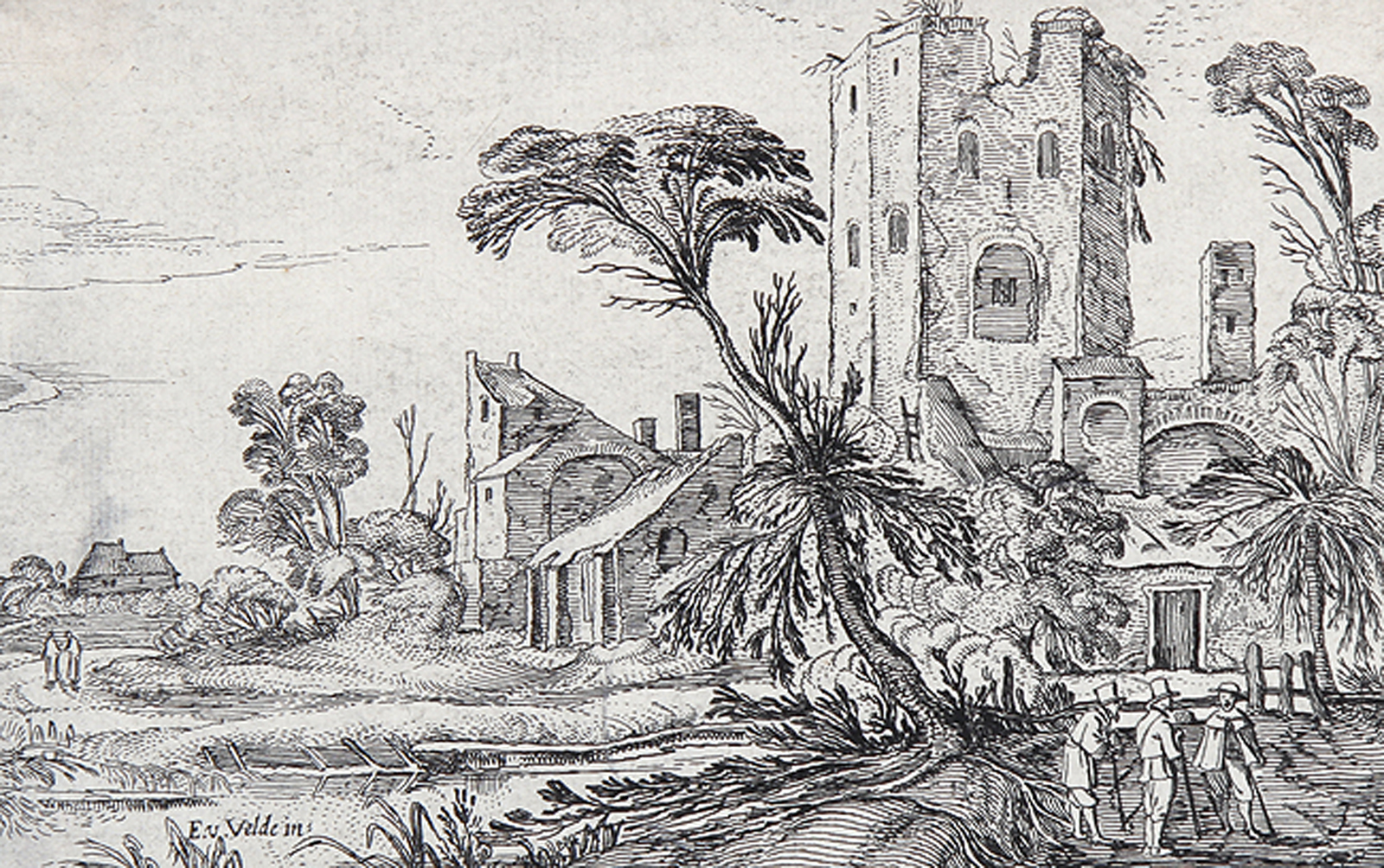 Figurengruppe auf den Pfad bei einem verfallenen Turm - Gehöft links eines Pfades, rechts ein Dorf.