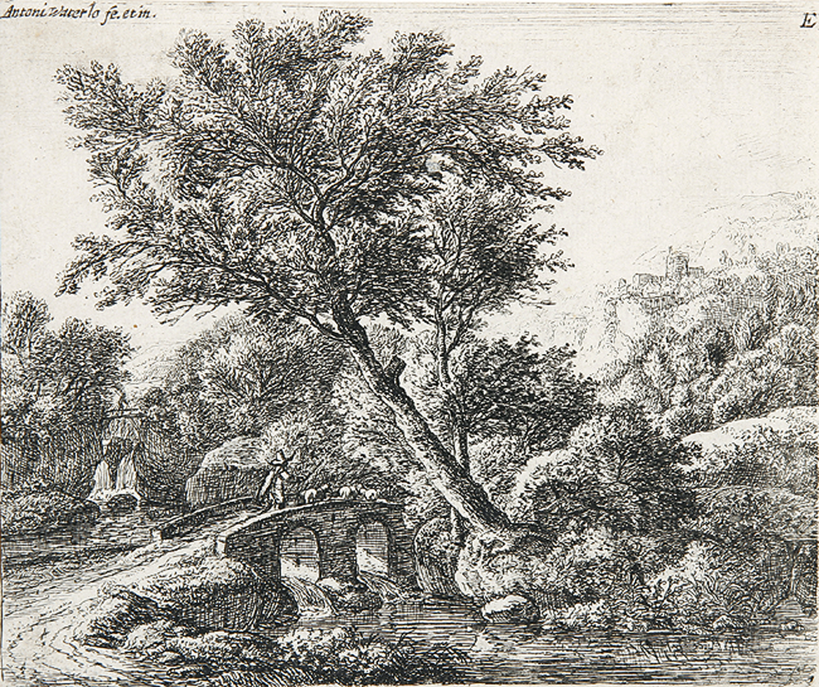 Die steinerne Brücke mit dem Hirten - Der Kuhhirte in einer Landschaft mit der Mühle.