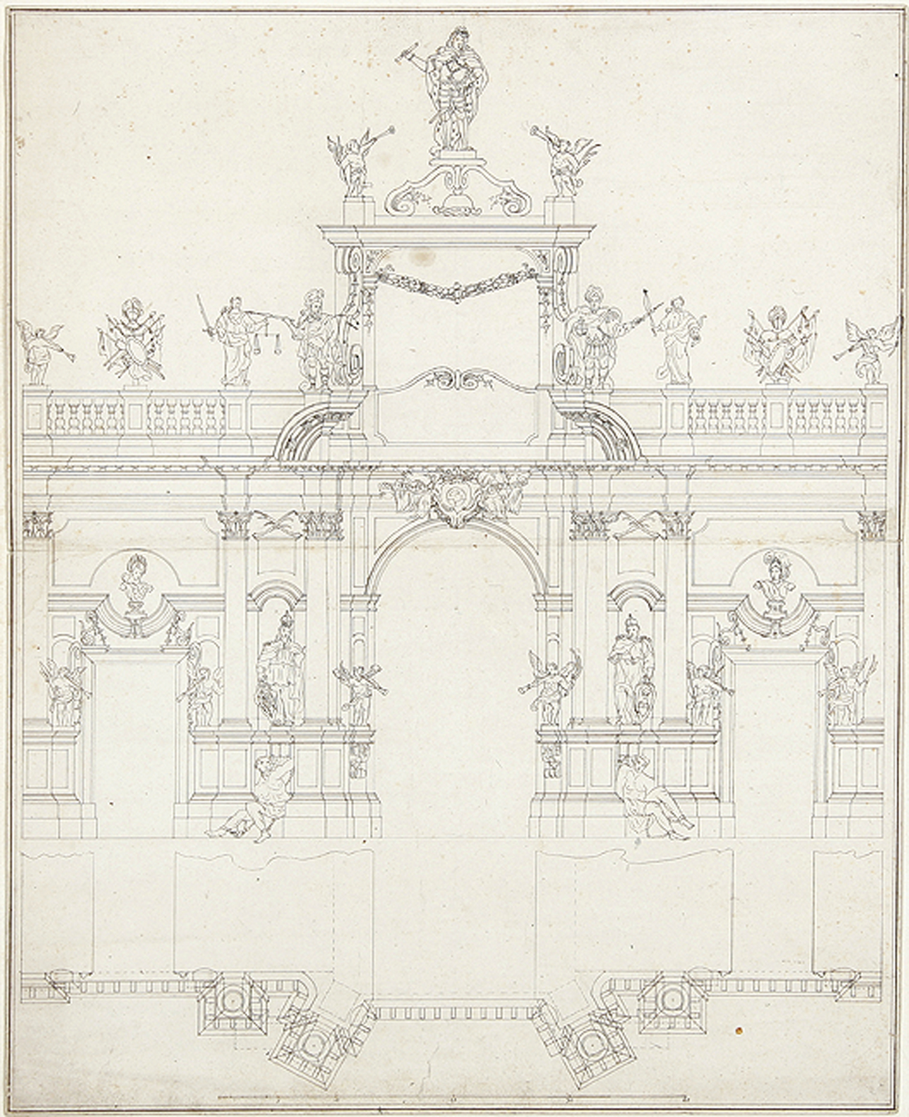 Architekturentwürfe für einen Altar und ein mit Statuen geschmücktes Portal.