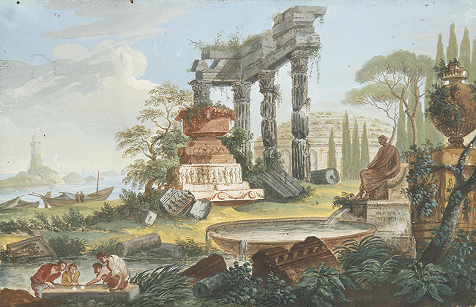 Würfelspieler vor antiker Ruine bei einem Leuchtturm - Bei Ruinen Rastende und Fischer bei einem Rundgebäude.