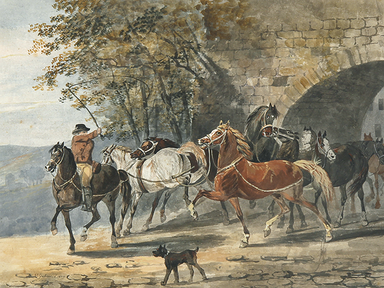 Berittener Pferdeknecht mit Herde vor einem Gehöft.