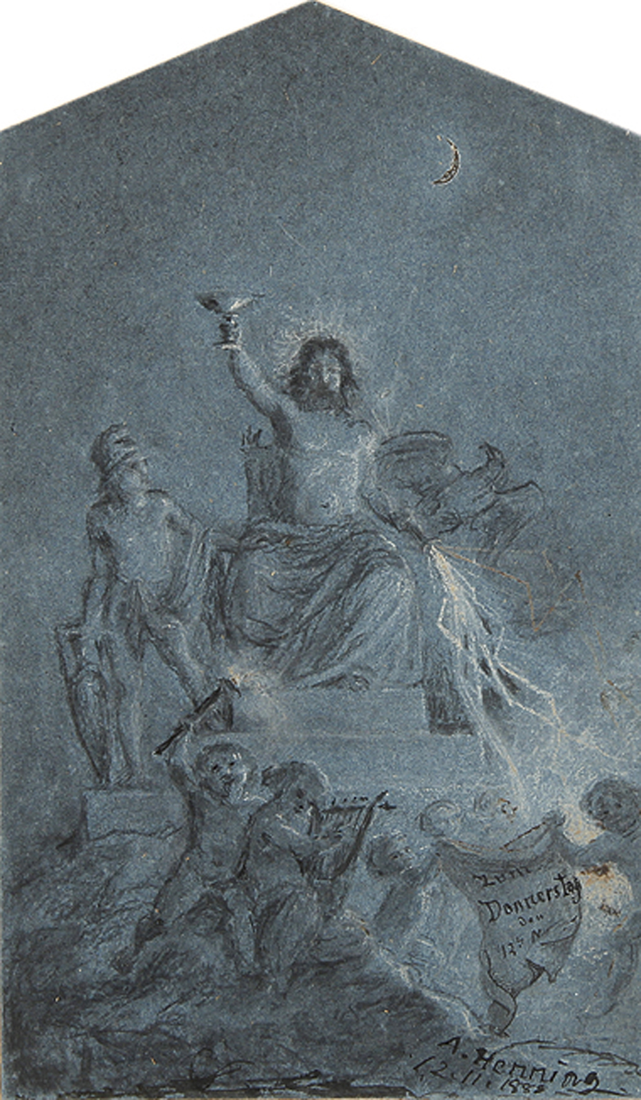 Zeus mit Adler und Blitzbündel auf dem Thron, den Kelch erhebend,