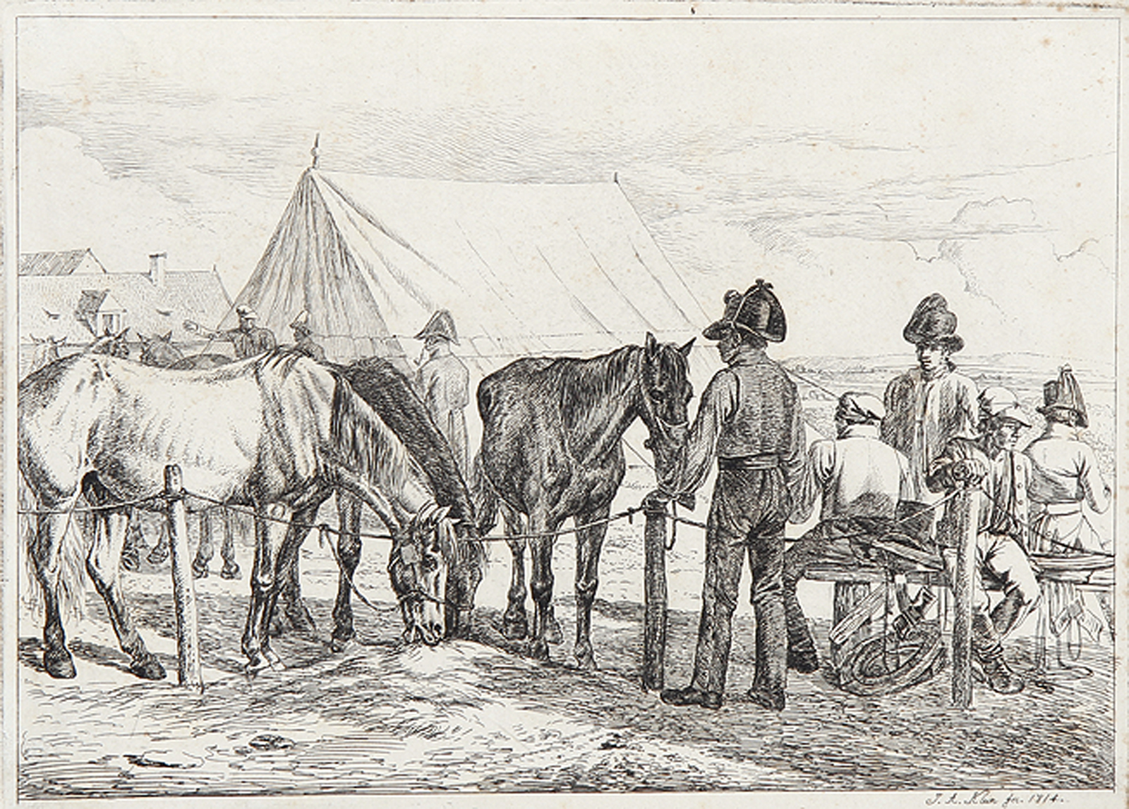 Die Pferde vor dem Zelte beim Futter - Russisches Fuhrwerk - In der Campagna von Rom.