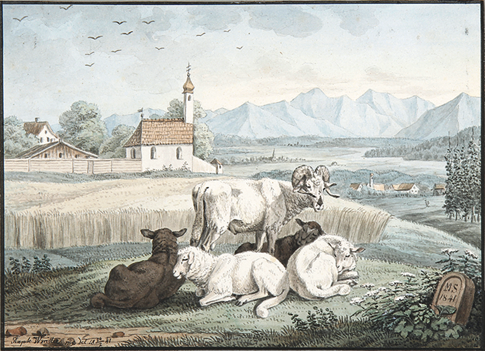 Voralpenlandschaft mit Schafen und Ziegenbock bei einem Dorf.