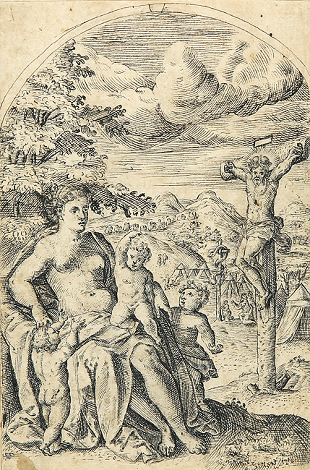 Weiblicher Halbakt mit drei Kindern, rechts Jesus am Kreuz daneben die eherne Schlange.