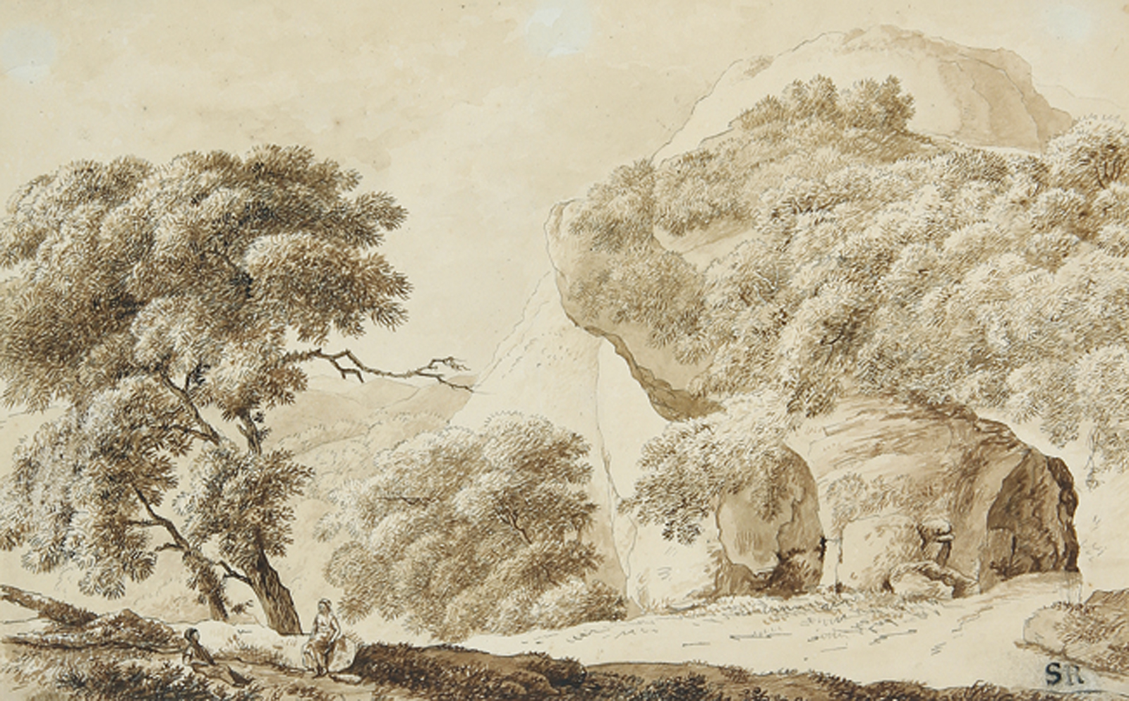 Südliche Landschaft mit rastendem Paar nahe einer Felshöhle.