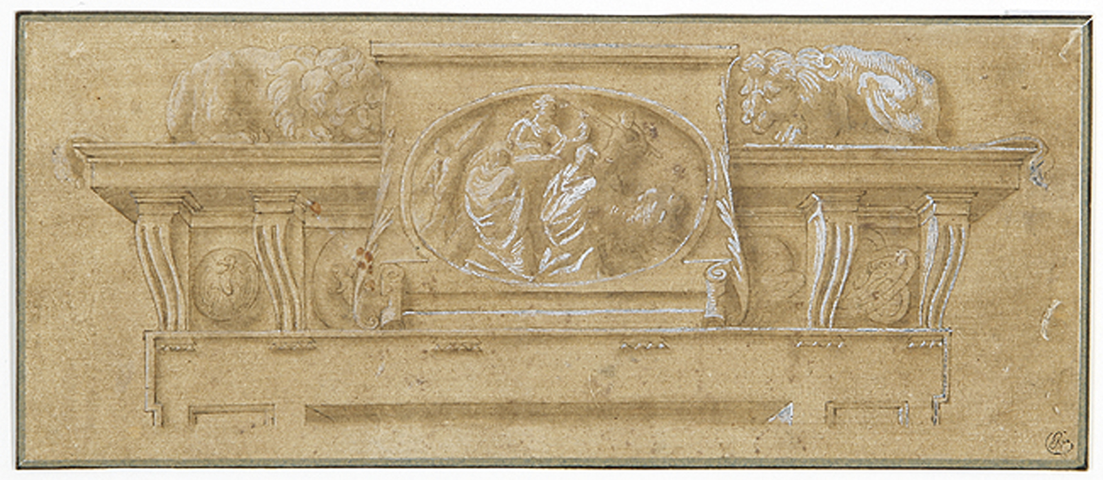 Relieftafel mit figürlicher Szene, flankiert von zwei Löwen.