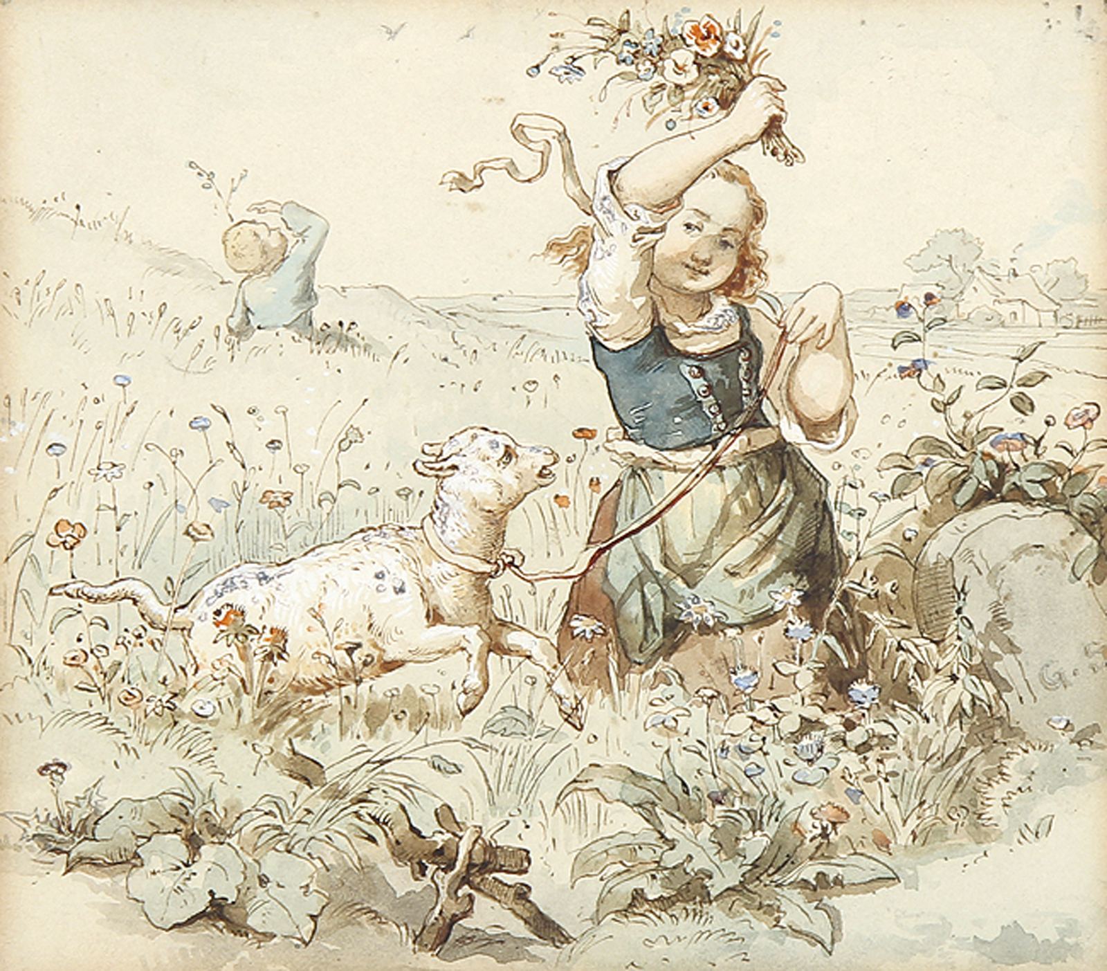 Kinder mit Lamm auf einer Blumenwiese.