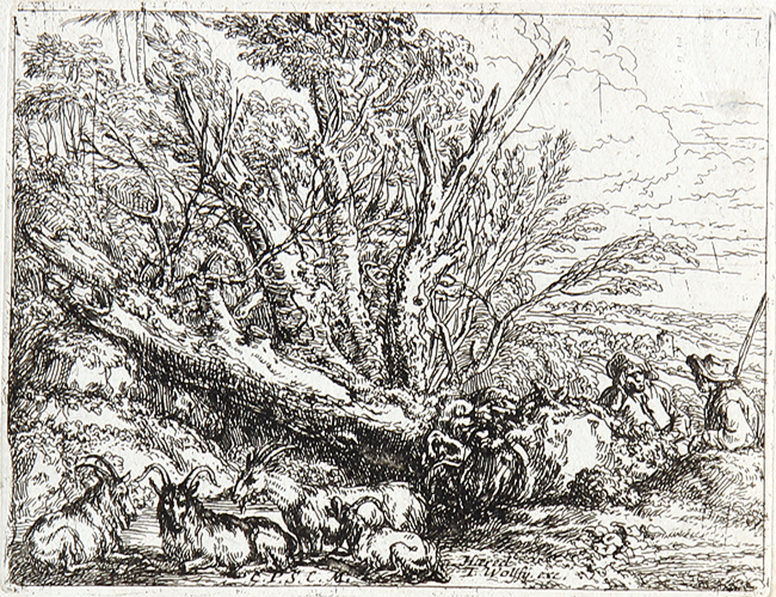 Der Hirte mit der Herde bei einer Ruine - Der aus dem Hut trinkende Hirte - Die ruhenden Ziegenhirten bei dem umgestürztem Baum.