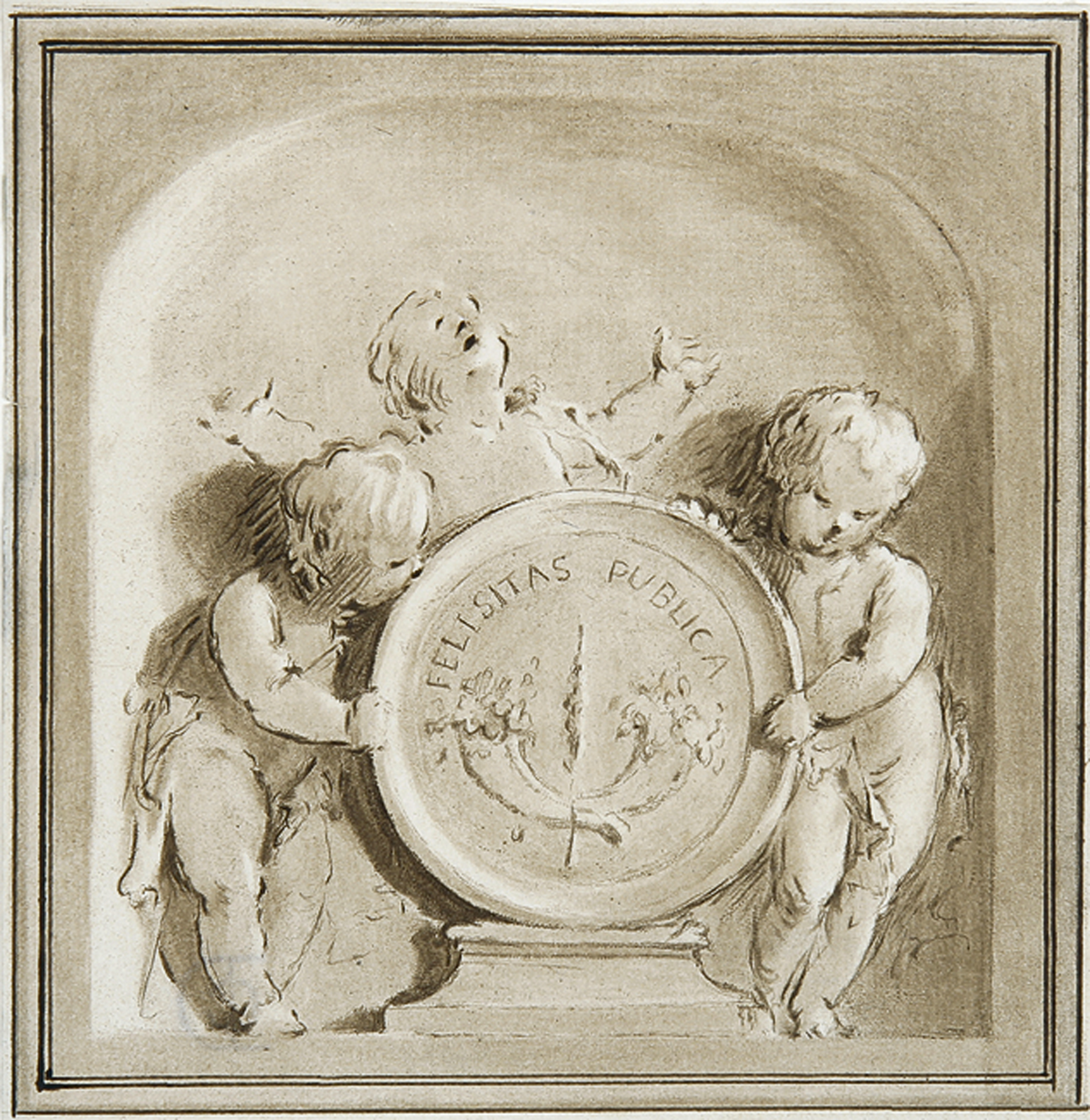 Drei Genien halten ein Wappen: Felicitas publica.