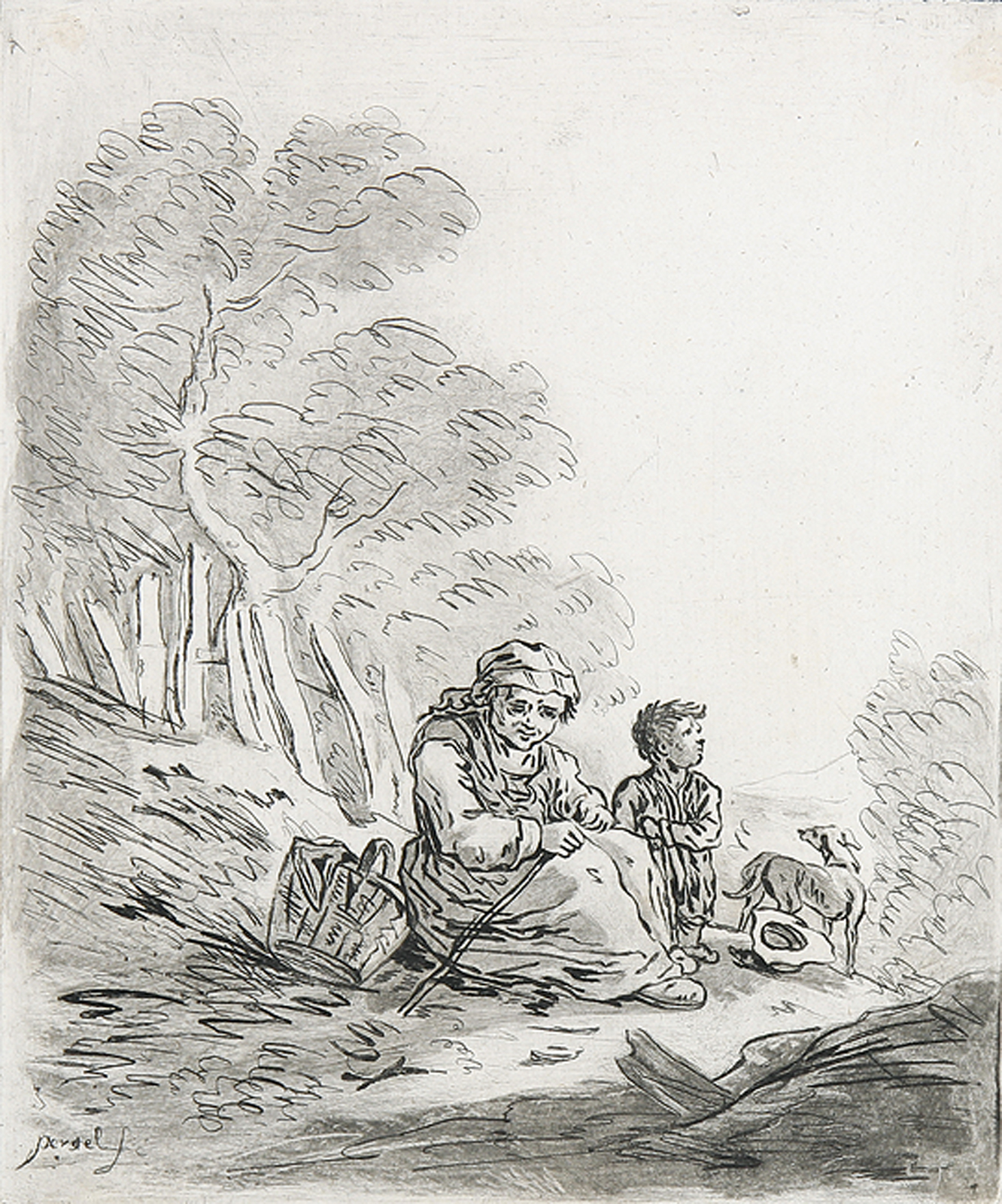 Eine Bacchantin mit der Flöte - Rastende Bäuerin mit Kind und Hund.