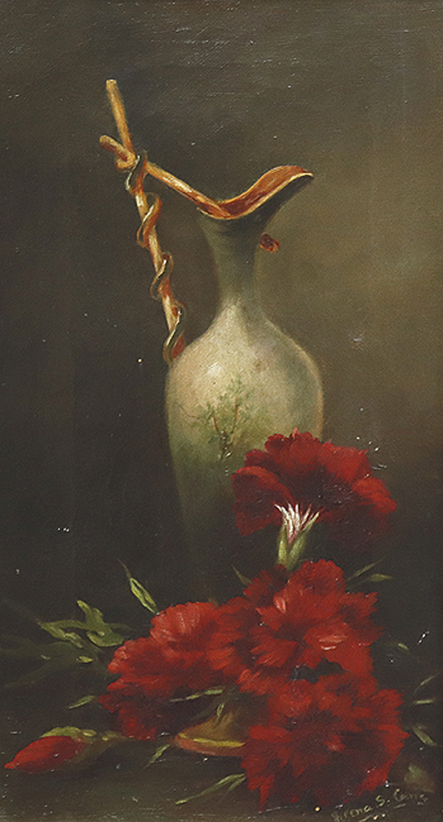 Blumenstilleben mit Henkelvase und roten Nelken.