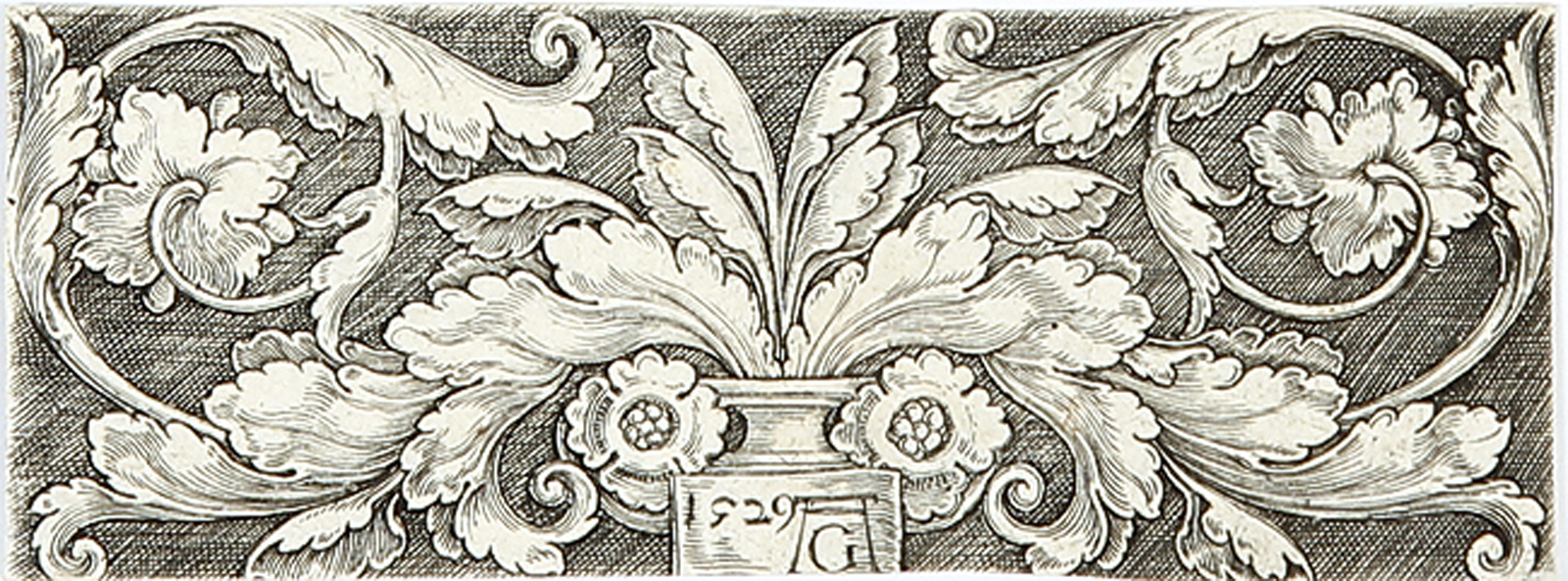 Fries mit je zwei Delphinen und Blattranken - Ornament mit zwei in Voluten endenden Ranken - Ornament mit aus einer Vase wachsendem Blattwerk.