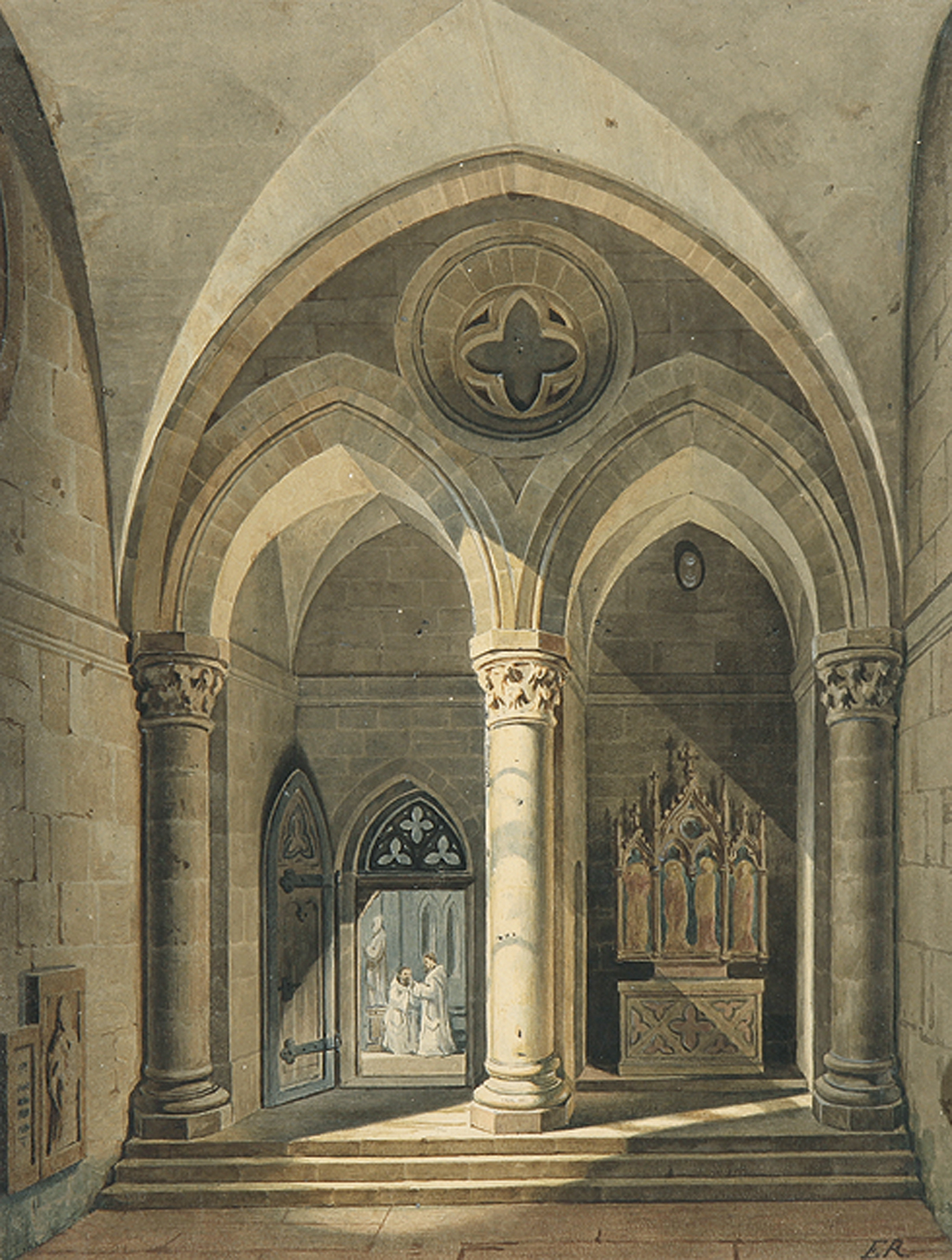 Kircheninneres mit Blick durch eine Tür auf zwei Benediktiner.