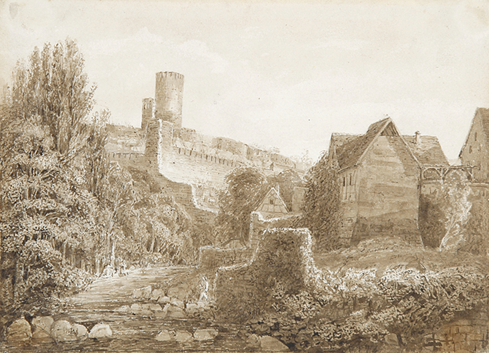 Burganlage mit Rundturm im Elsass,