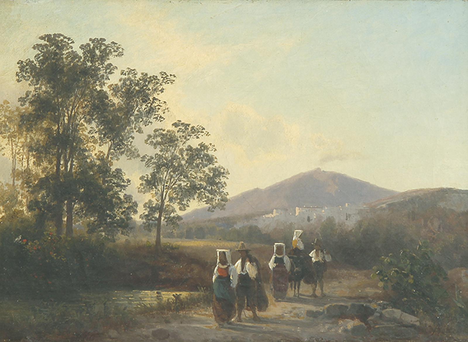 Italienische Landschaft mit Bauernpaaren auf einem Weg, im Hintergrund der Vesuv.