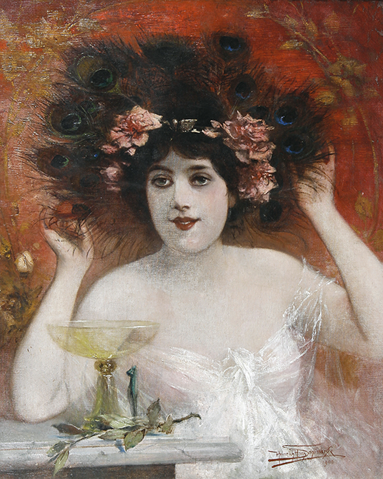 Leichtbekleidete junge Frau, im Haar Blütenkranz und Pfauenfedern.