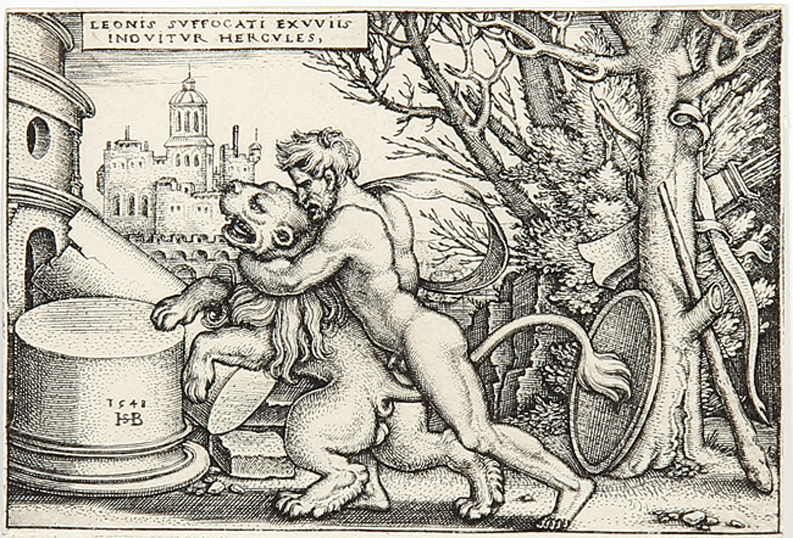 Hercules erwürgt den nemäischen Löwen.