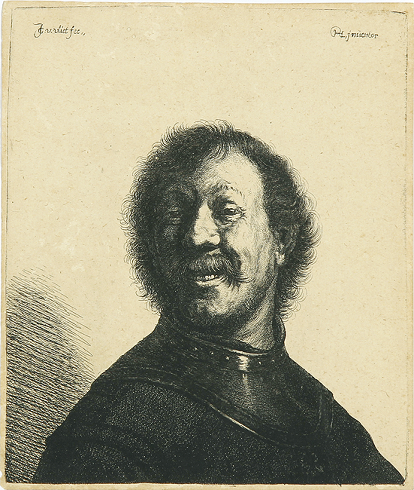 Brustbild eines lachenden Mannes mit Halsberge.