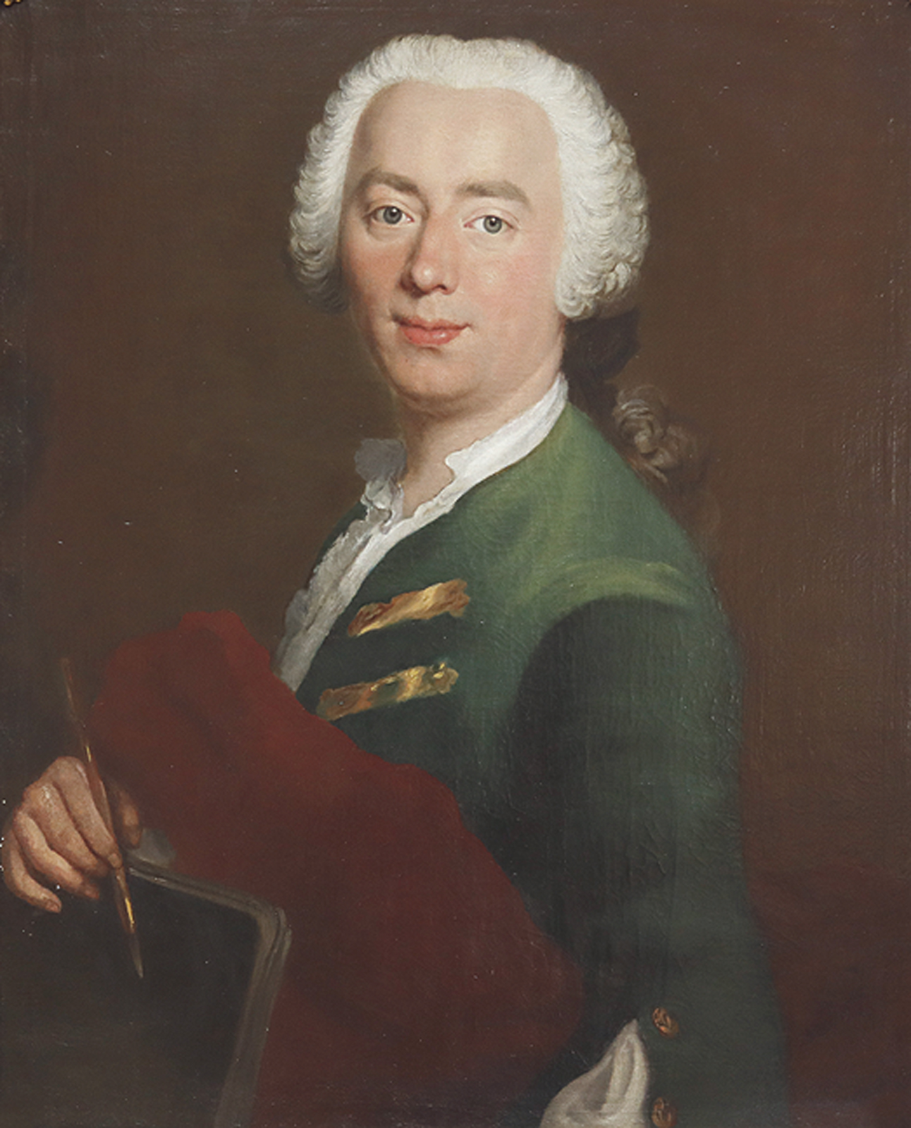 Bildnis eines Mannes in grüner Jacke mit Goldtressen und weißer Perücke.