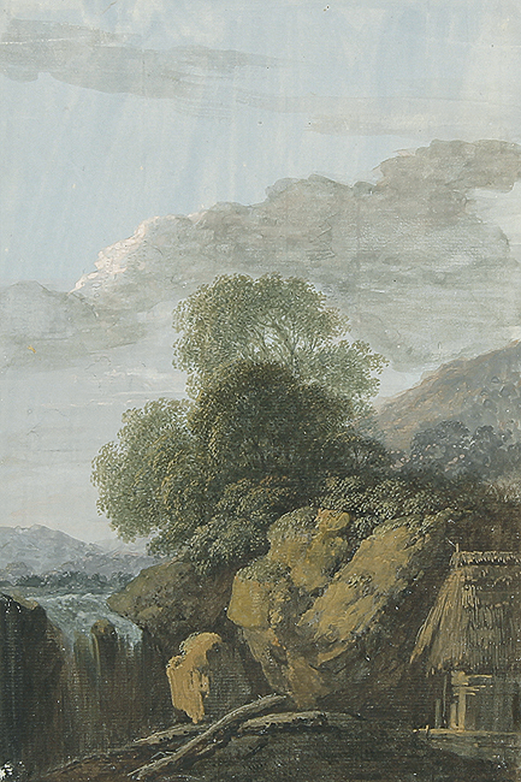 Landschaft mit Wasserfall und Hütte.