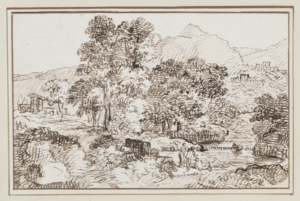 Südliche, felsige Landschaft mit Badenden.