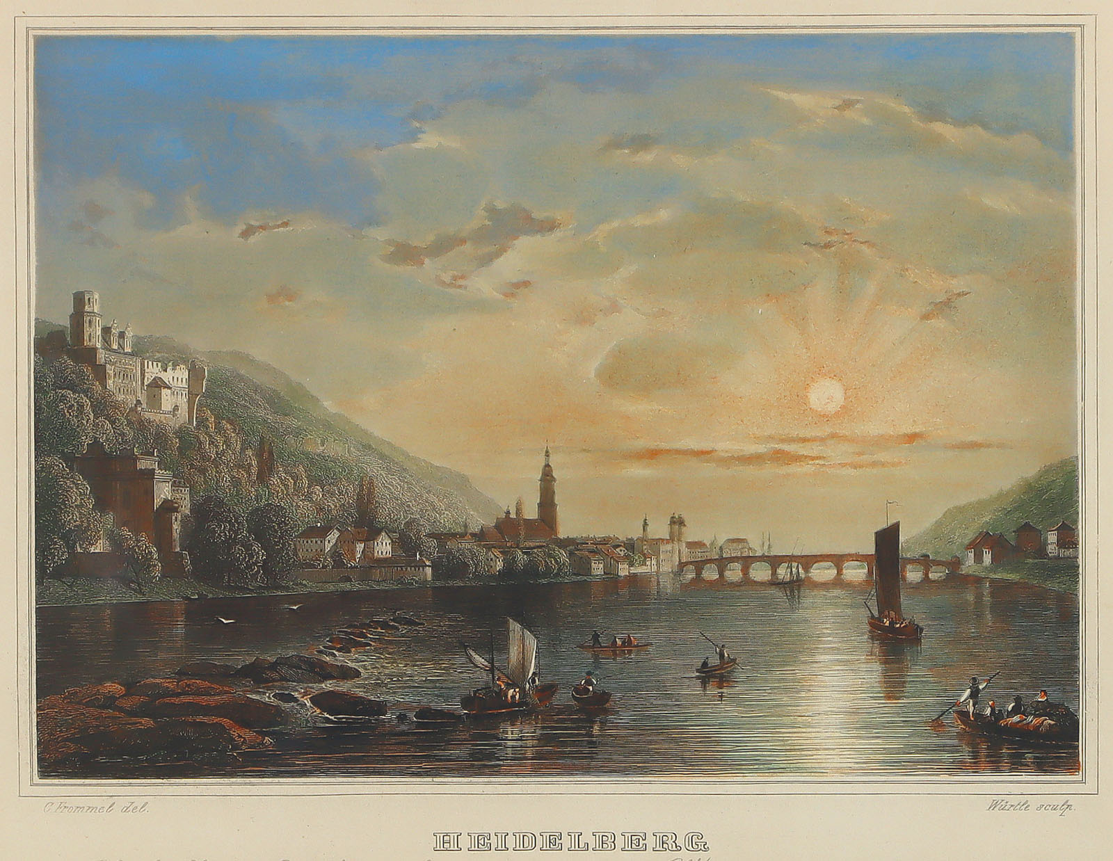 Heidelberg oberhalb der Brücke gesehen – Der gesprengte Turm des Schlosses zu Heidelberg.