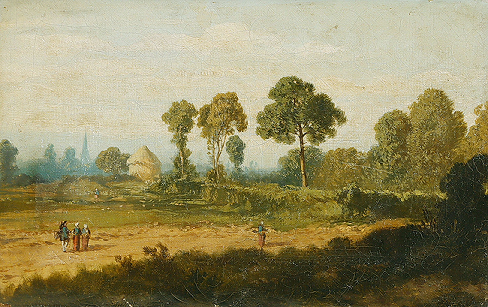 Landschaft mit Personengruppe, im Hintergrund ein Turm.