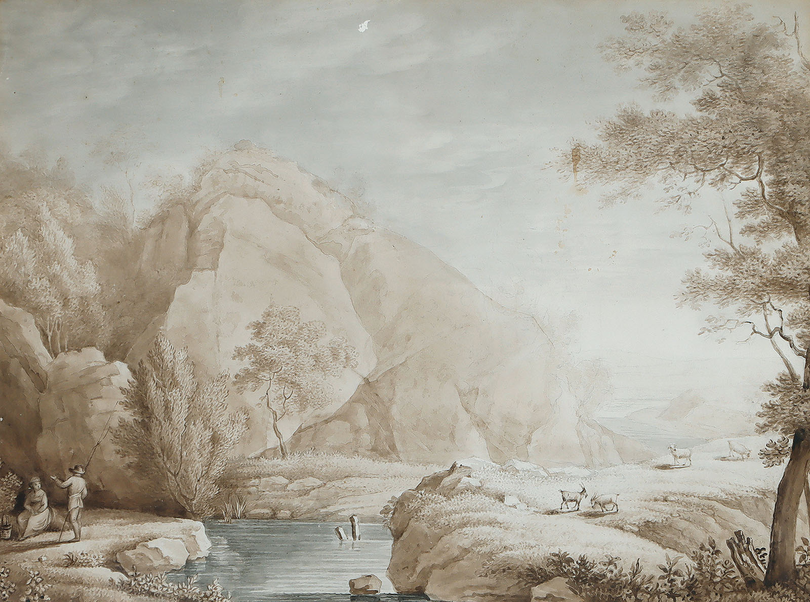 Flusslandschaft mit Angler und Bäuerin,