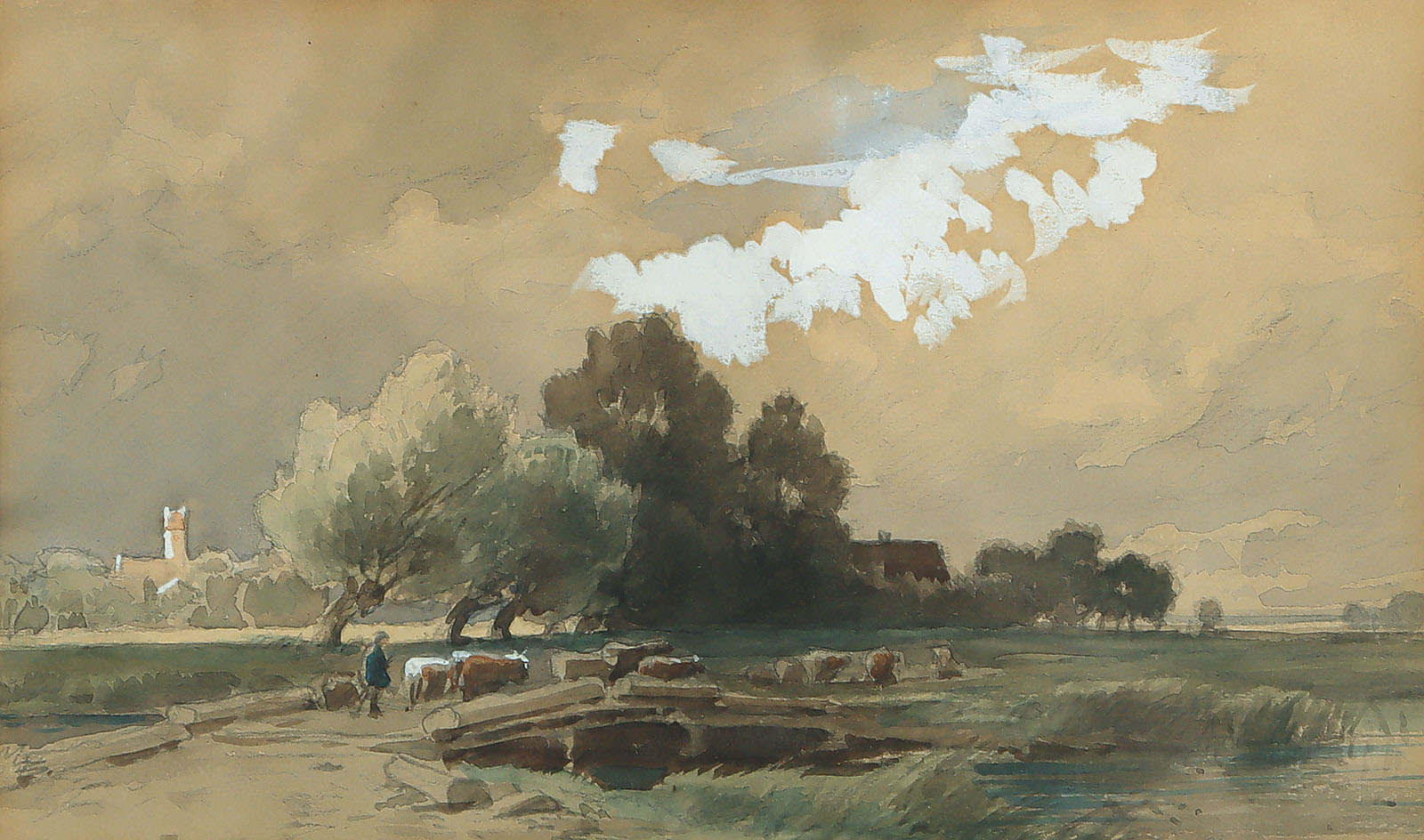 Landschaft mit Hirte und Herde auf einer Brücke.