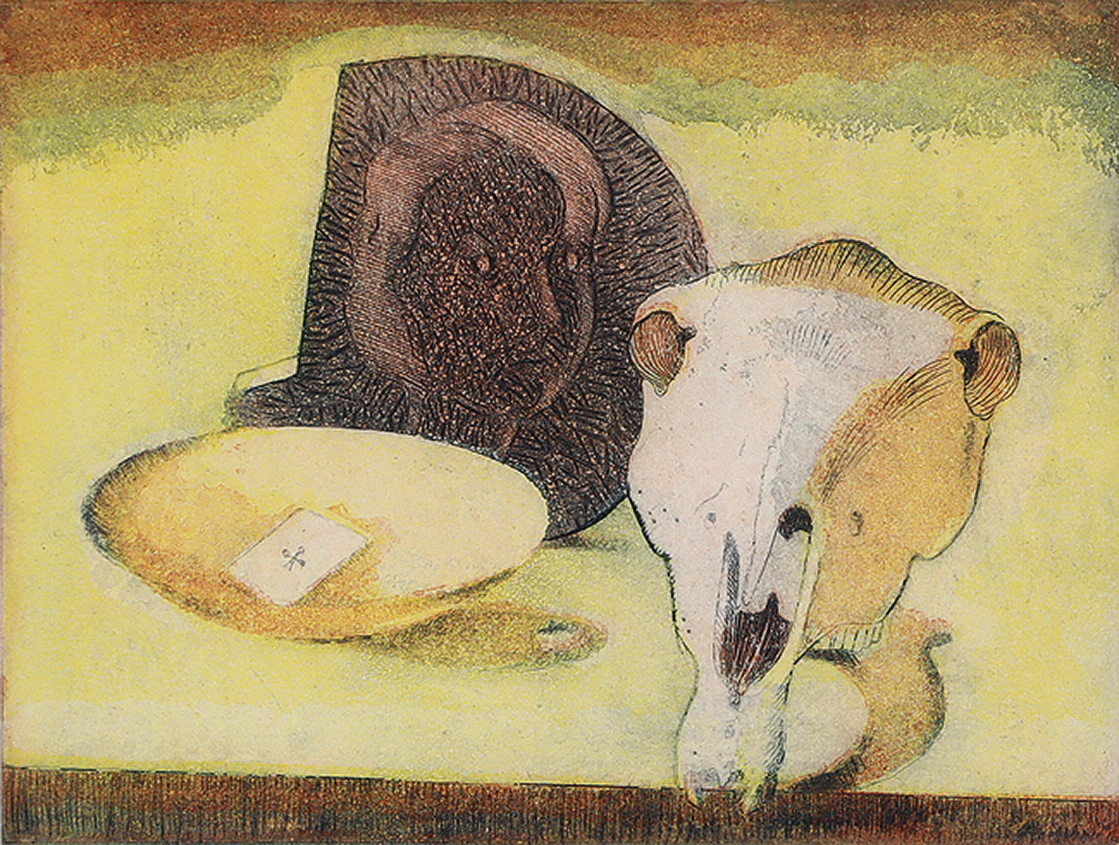 Schädel, Schale, Holzstock.