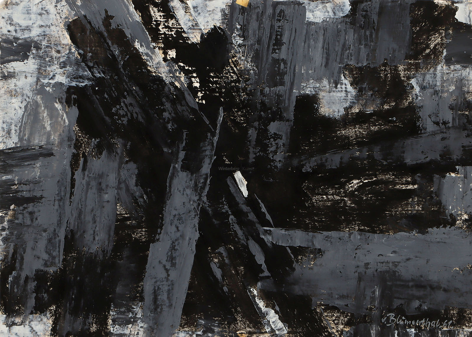 Komposition in Schwarz und verschiedenen (Blau-) Grautönen.