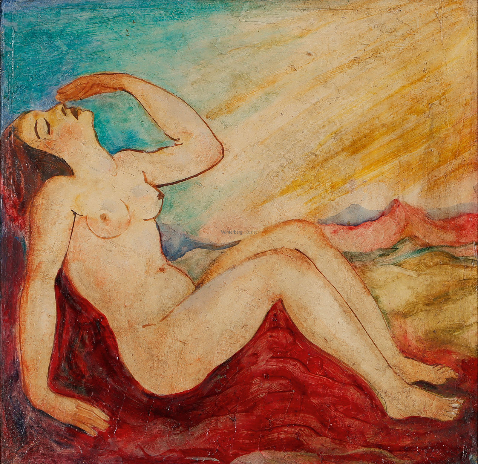 Sitzender weiblicher Akt im Morgenrot.