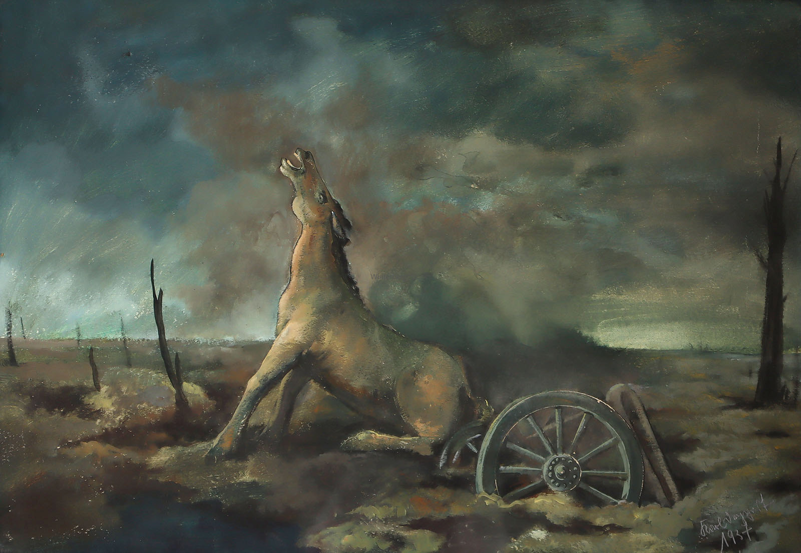 Sterbendes Pferd in düsterer Landschaft.