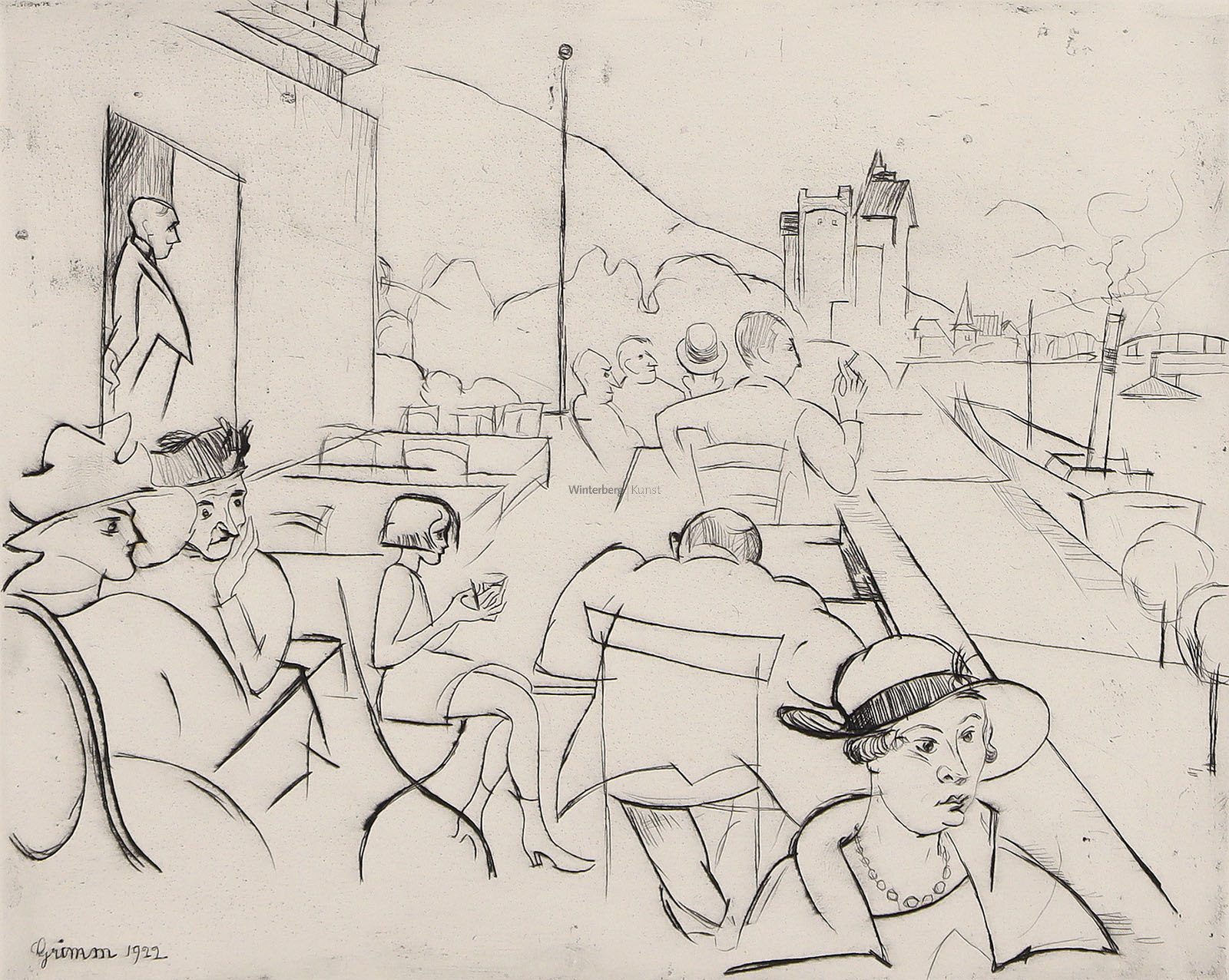 Rastende an einer Aussichtsterrasse am Rhein – „Terrasse in Bingen a. Rh.“ – Blick von einem erhöhten Standpunkt auf den Rhein.