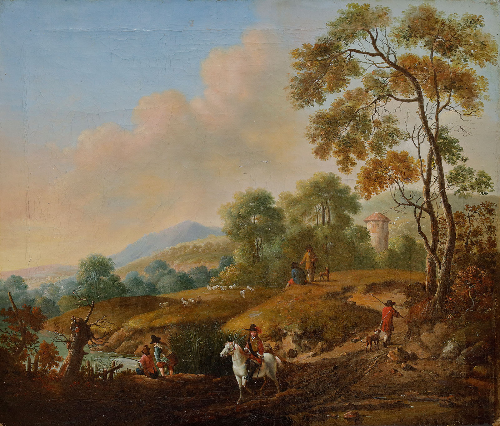 Landschaft mit Reiter, Anglern und Wanderern.