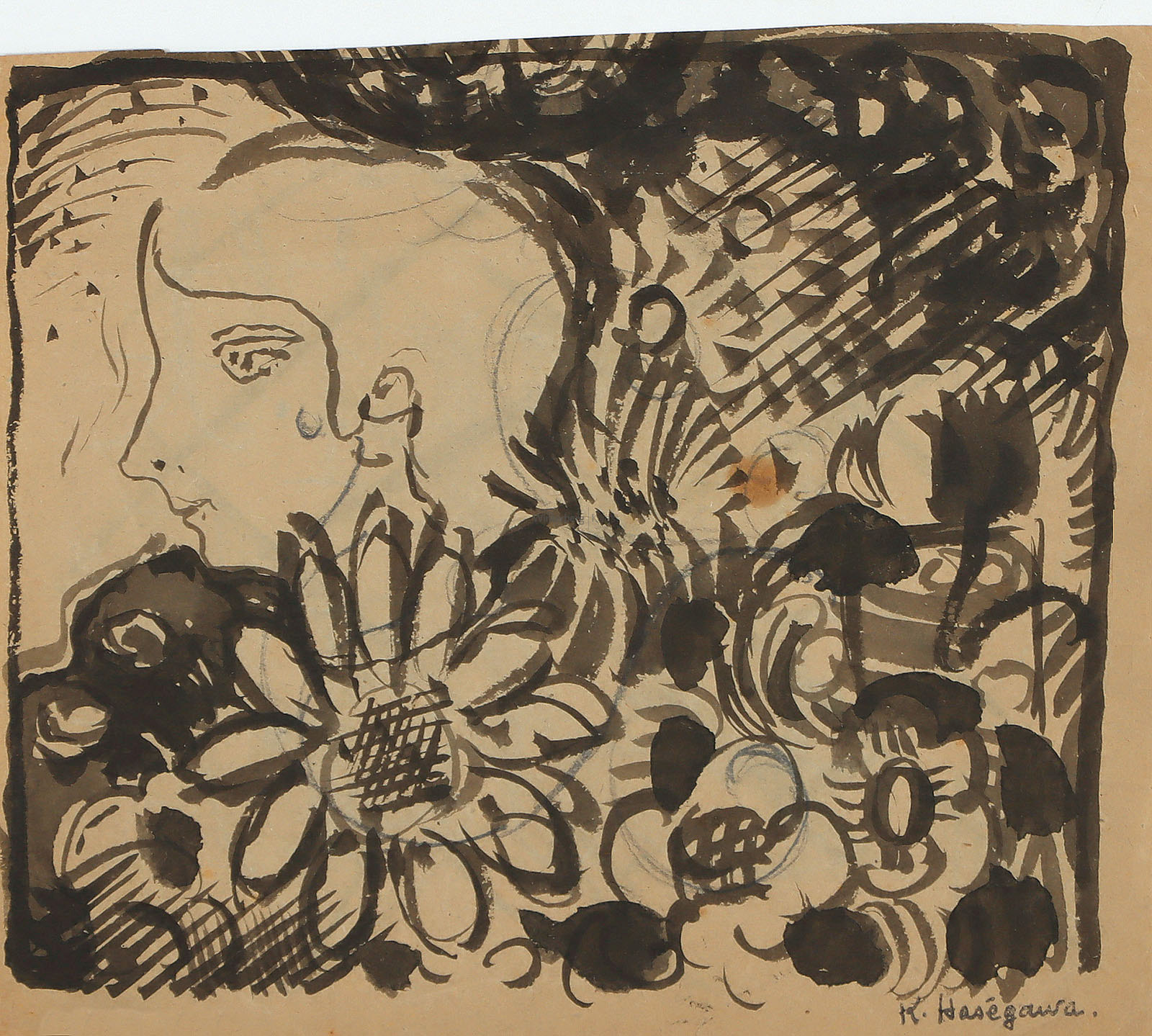 Frauenprofil zwischen Blumen – Seestück unter Weiden mit Ente – Sitzender weiblicher Akt.