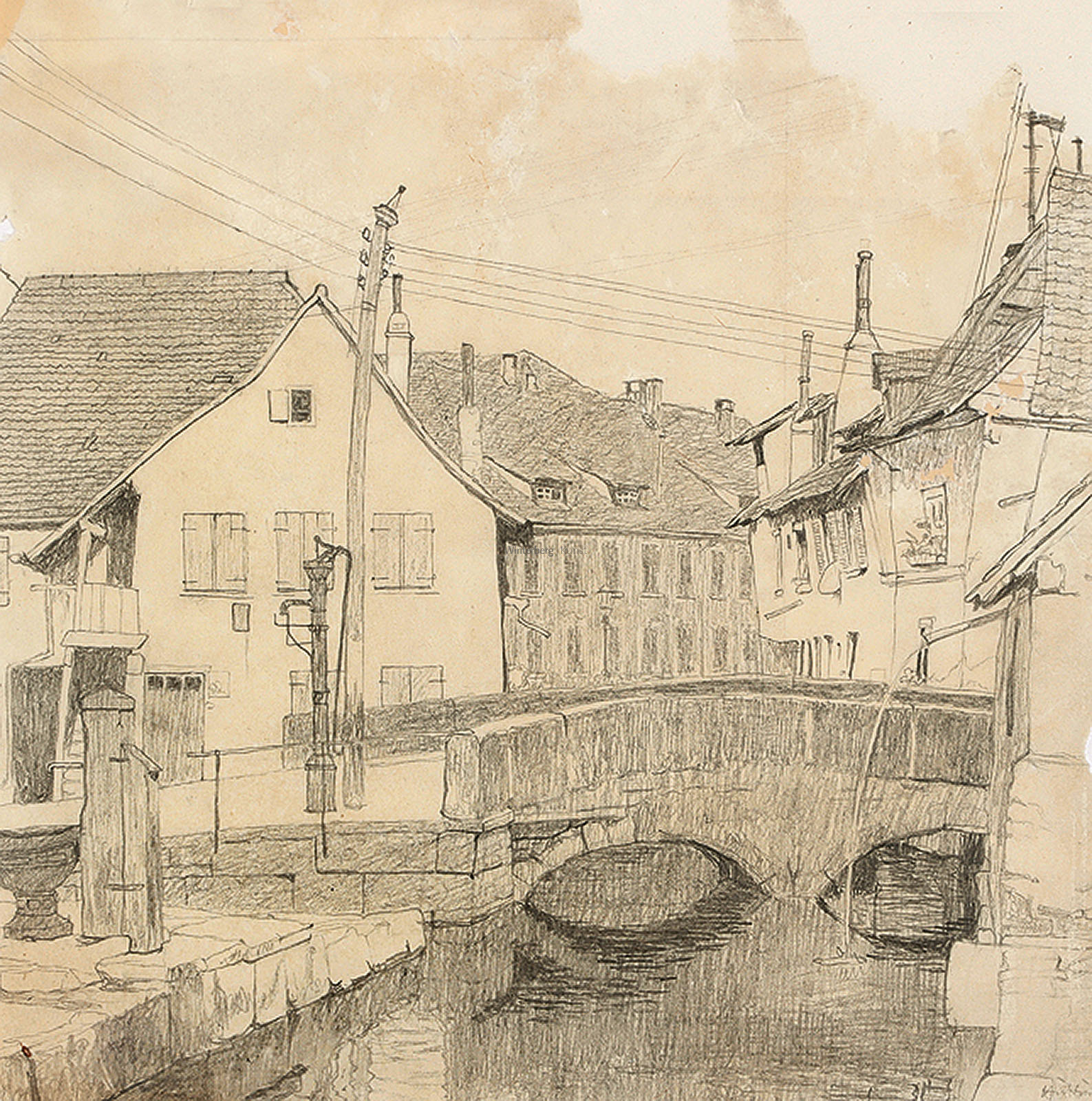 Kleinstadthäuser mit Brücke.