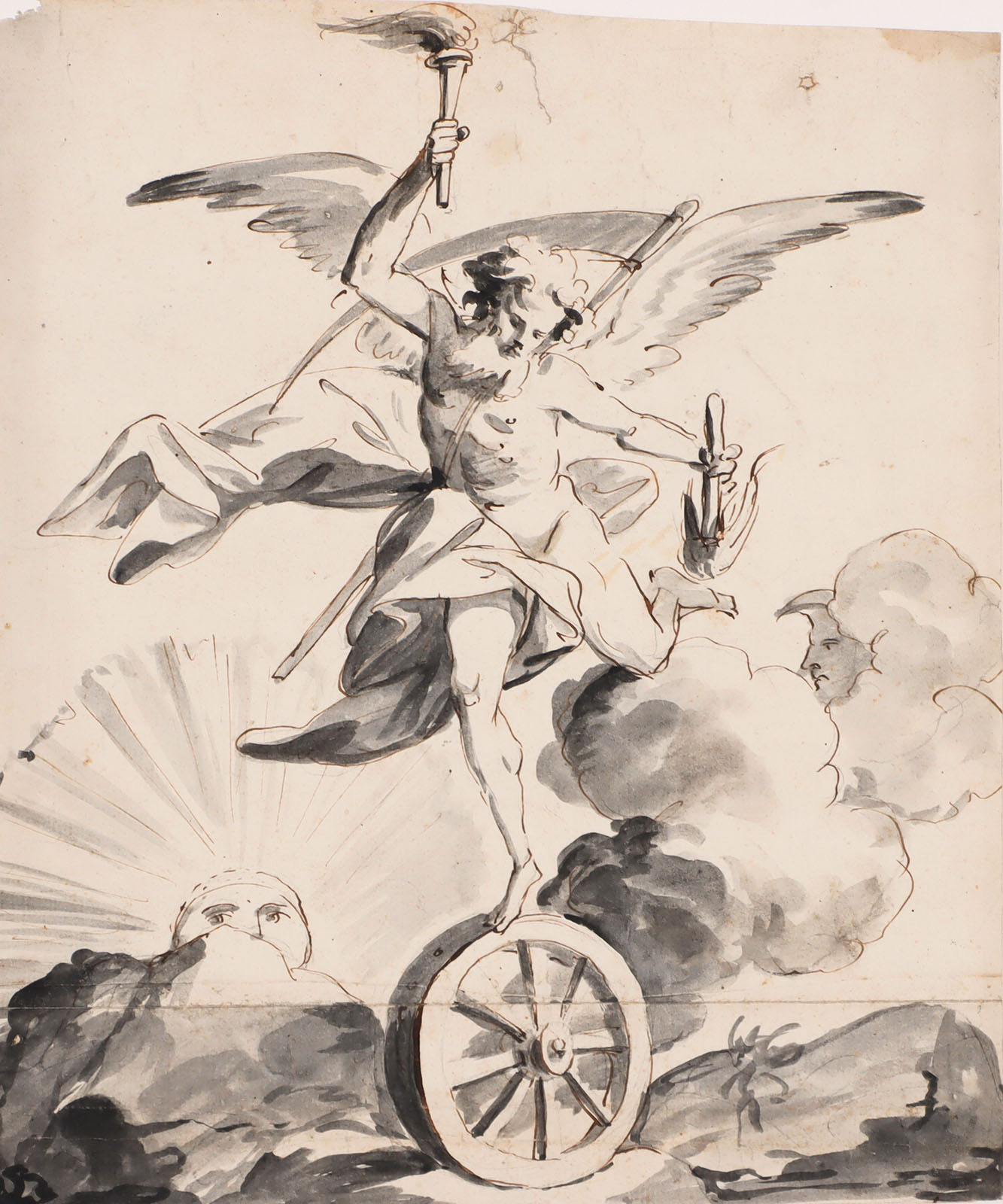Chronos mit Fackeln und Sense auf einem Rad,
