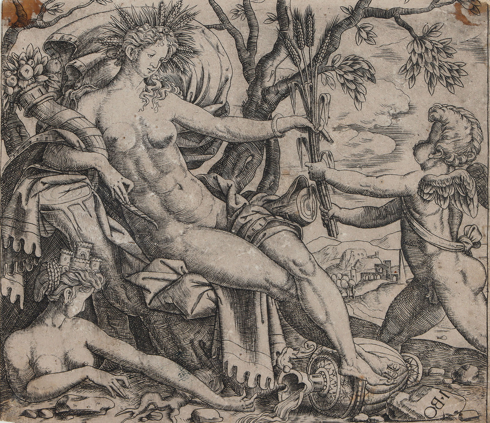 Sitzende Ceres mit Amor, der ihr Ähren überreicht.