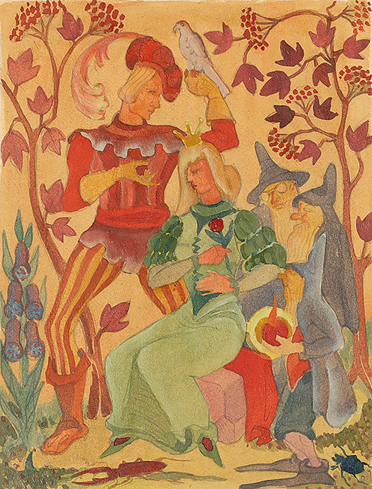 Prinz verehrt einer von Zwergen umgebenen Prinzessin eine Rose.