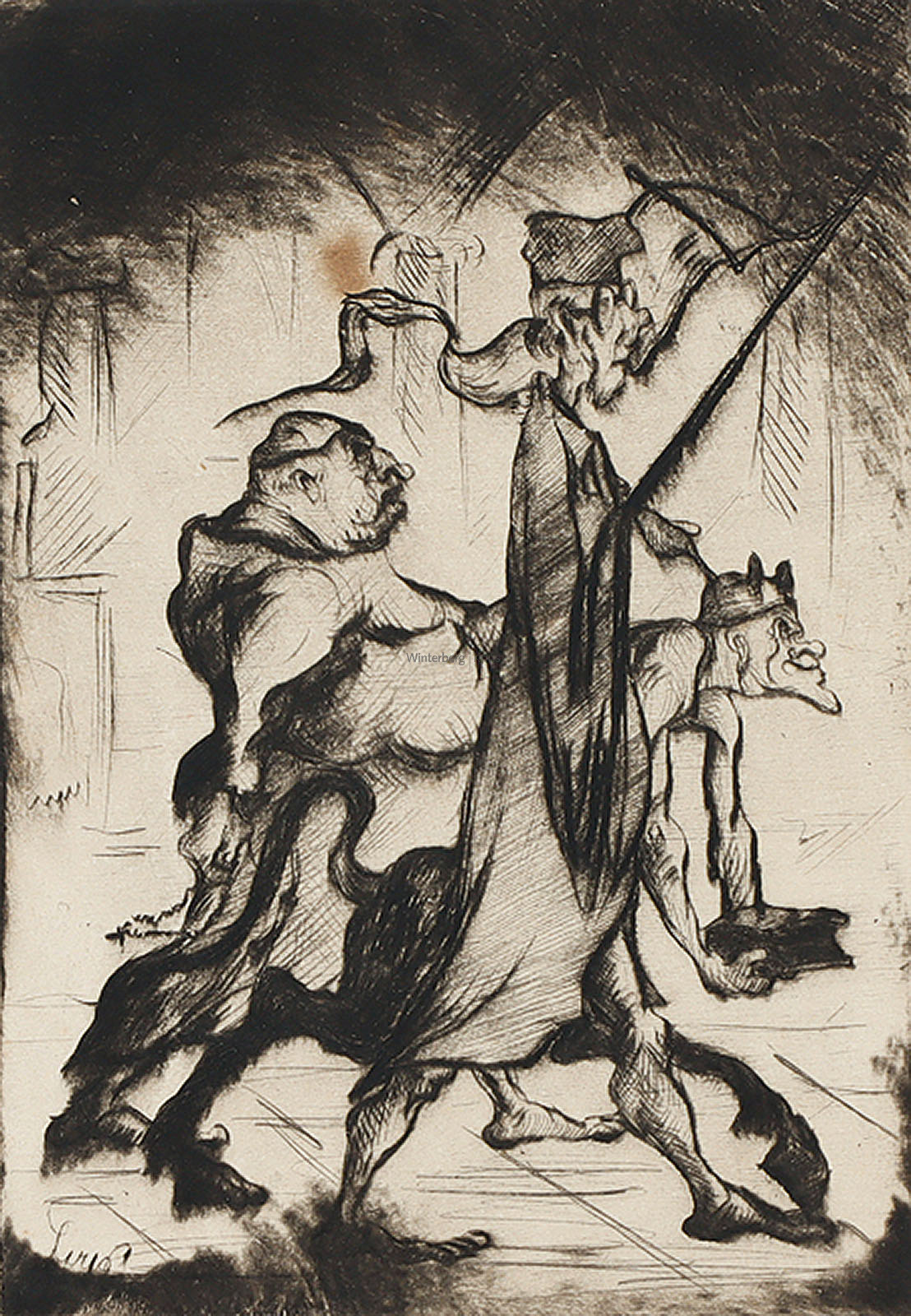 Szenen mit Zwergen. Kentauren und skurrilen Gestalten, Geburtstagsgruß, Duell sowie Schlafende.