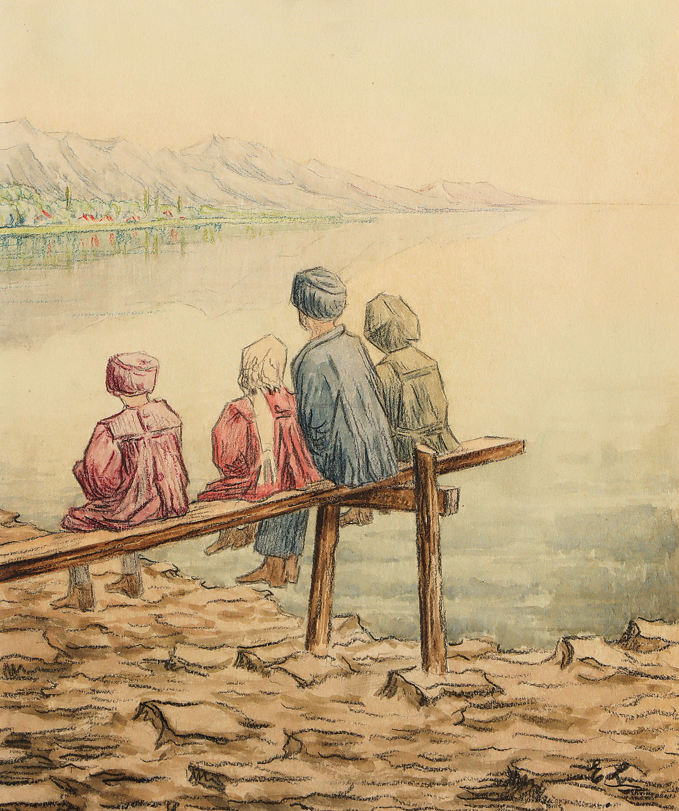 Kinder auf einem Steg am See sitzend