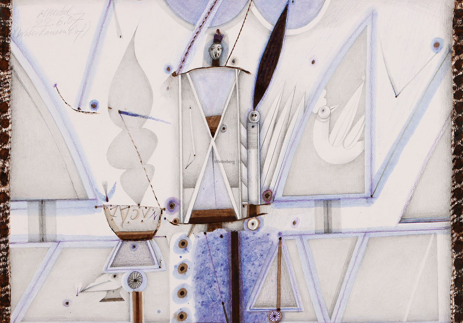 Halbabstrakte Komposition in Blau, Grau und Brauntönen.