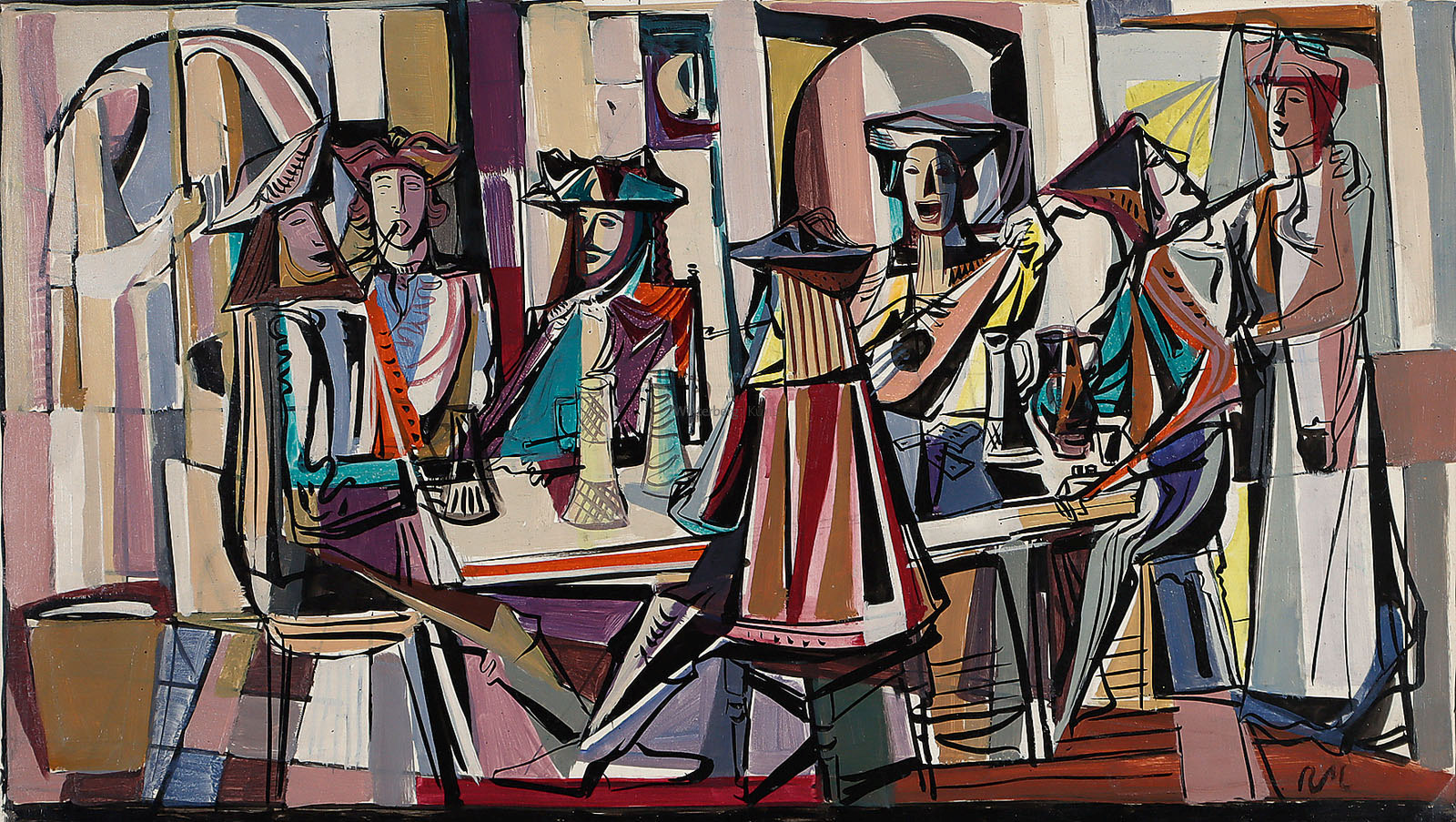 Tischgesellschaft mit Musiker.,